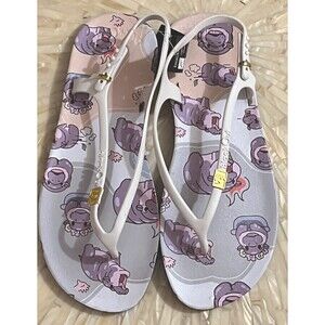 Moo Deng Sandals Pygmy Hippo Flip Flops Stretch‎ Strap Women Shoes EU 37 White 6